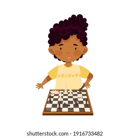 Smart African American Girl Character Playing Chess On Checkered Chessboard Vector Illustration