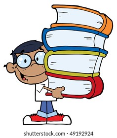 Smart African American School Boy Carrying A Stack Of Books