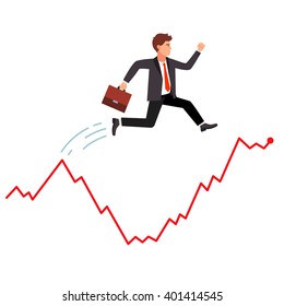 Smart and agile businessman jumping over falling market crisis. Hopping over falling stock graph curve. Flat style vector illustration.