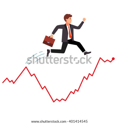 Smart and agile businessman jumping over falling market crisis. Hopping over falling stock graph curve. Flat style vector illustration.