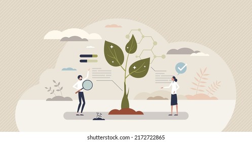 Smart agricultural data and measurement collection tiny person concept. Futuristic farming with growth analysis and advanced technology for effective harvest vector illustration. Cultivation reports.