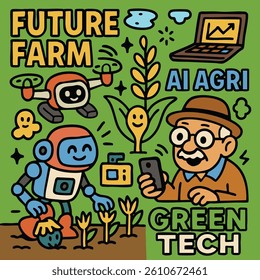 Smart agriculture and AI farming technology cartoon