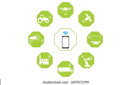 Smart Agriculture concept. Modern farming technologies. with wireless communication icons. Remotely by mobile phone