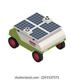 Smart agriculture farming automation isometric icon with robotic vehicle powered by solar panels vector illustration