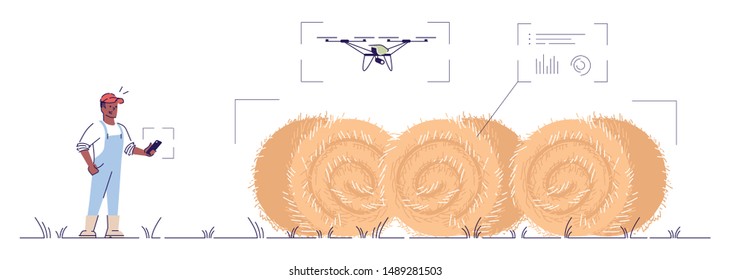 Smart agriculture flat vector illustration. Iot in precision farming cartoon concept with outline. Farmer character and agricultural drone isolated on white background. Hi tech hay making, harvesting