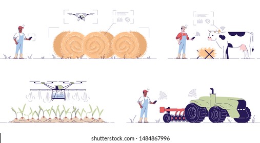 Smart Agriculture Flat Vector Illustrations Set. Hi-tech Autonomous Farming Cartoon Concepts With Outline. Agricultural Drones, UAV. Precision Ag Digital Technologies And Innovations, IOT In Farming