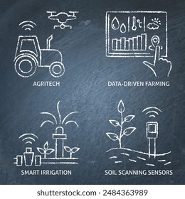 Icono de agricultura inteligente en pizarra. Agritech, escaneo de suelos, riego automático. Ilustración vectorial.