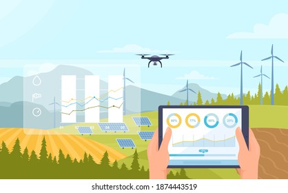 Tecnología de innovación agrícola inteligente en la ilustración de vectores de campo agrícola. Granjero de dibujos animados sosteniendo una tableta con un diagrama de datos en la interfaz de pantalla para controlar el drone y el panel de energía solar