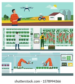 Smart agriculture and IOT technology: industrial farm management, vertical hydroponics farming and autonomous robots harvesting plants