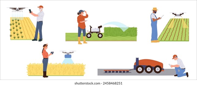 Conjunto aislado de agricultura inteligente con agricultores felices que trabajan en el campo utilizando tecnología digital moderna