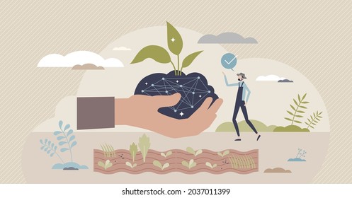 Smart agriculture and modern soil information measurement tiny person concept. Biotechnology and futuristic farmer work using technologies for precise humidity, temperature and climate regulation.