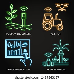 Smart agriculture neon icon set. Agritech, soil scanning, automatic irrigation. Vector illustration.