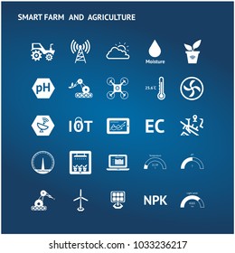 Smart agriculture, precision farm , UAV , sensor technology trend concept. White icons set on blue background.