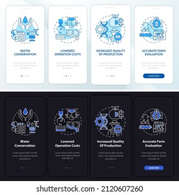 Smart agriculture pros night and day mode onboarding mobile app screen. Walkthrough 4 steps graphic instructions pages with linear concepts. UI, UX, GUI template. Myriad Pro-Bold, Regular fonts used