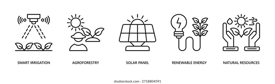 smart agriculture and renewable energy technology web banner icon vector illustration with smart irrigation, agroforestry, solar panel, renewable energy, natural resources