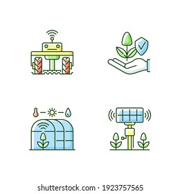 Smart agriculture RGB color icons set. Robotics in farm. Digital greenhouse. Innovation technology. Agronomy engineering. Isolated vector illustrations