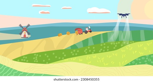 Smart agro concept, background with meadows and fields. Hay harvest. Using a drone for microfertilizers. Modern watering plants.