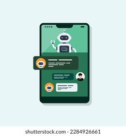 Smart Ai chat bot on smartphone screen. Chat bot communicate with human. Artificial Intelligence. Vector illustration