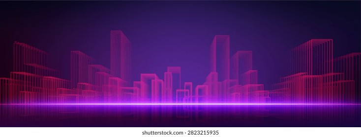 Smart AI city skyline with glowing modern buildings. Vector realistic illustration of urban architecture with neon lights, digital networks and futuristic technology concept, 3D cyberpunk landscape