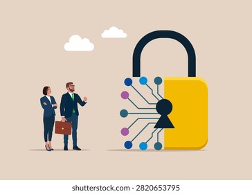 Smart AI lock. Engineering technological, digital technology. Unlock business accessibility. Solve business problem, professional to give solutions. Modern vector illustration in flat style