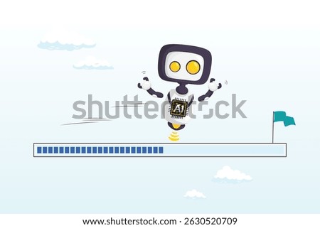 Smart AI robot run on progress bar to reach target, AI artificial intelligence implementation progress, adoption or evolution to improve AI innovation, learning or change to optimise success concept