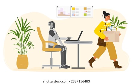 Smart AI robot took workplace, sad fired girl hold box. Unemployment. Job loss from artificial intelligence technology. Work problem with robot competition in human occupations. Vector illustration