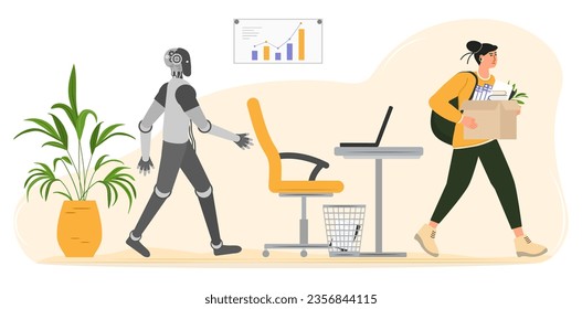 Smart AI robot took workplace, sad fired girl hold box. Unemployment. Job loss from artificial intelligence technology. Work problem with robot competition in human occupations. Vector illustration