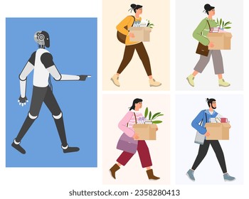 Smart AI robot took workplace, sad fired people hold boxes. Unemployment. Job loss from artificial intelligence technology. Work problem with robot competition in human occupations Vector illustration