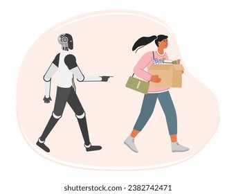 Smart AI robot took workplace, sad fired girl hold box. Unemployment. Job loss from artificial intelligence technology. Work problem with robot competition in human occupations. Vector illustration