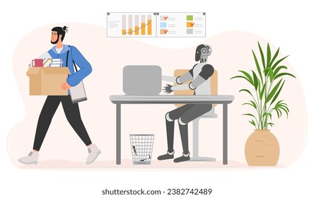 Smart AI robot took workplace, sad fired man hold box. Unemployment. Job loss from artificial intelligence technology. Work problem with robot competition in human occupations. Vector illustration