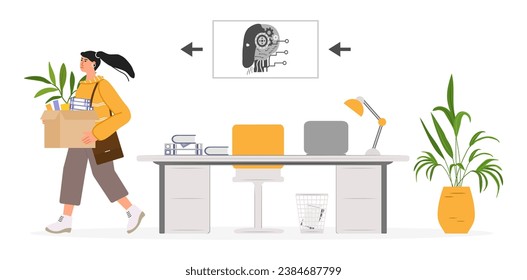 Smart AI robot took workplace, sad fired girl hold box. Unemployment. Job loss from artificial intelligence technology. Work problem with robot competition in human occupations. Vector illustration