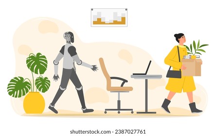 Smart AI robot took workplace, sad fired girl hold box. Unemployment. Job loss from artificial intelligence technology. Work problem with robot competition in human occupations. Vector illustration