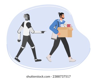 Un robot inteligente de IA tomó el lugar de trabajo, un hombre triste abrió una caja fuerte. Desempleo. Pérdida de empleo por la tecnología de inteligencia artificial. Problema de trabajo con la competencia de robots en ocupaciones humanas. Ilustración del vector