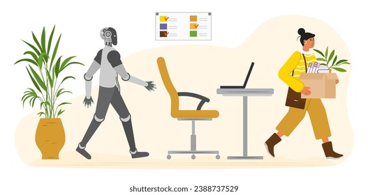 Smart AI robot took workplace, sad fired girl hold box. Unemployment. Job loss from artificial intelligence technology. Work problem with robot competition in human occupations. Vector illustration