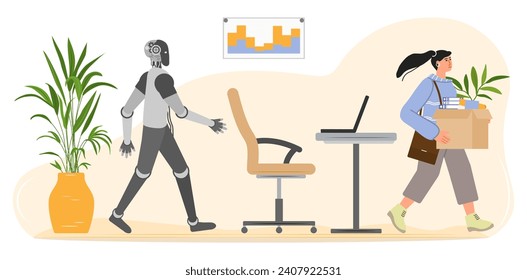 Robot inteligente de IA tomó el lugar de trabajo, caja fuerte de una chica triste. Desempleo. Pérdida de empleo por la tecnología de inteligencia artificial. Problema de trabajo con la competencia de robots en ocupaciones humanas. Ilustración del vector