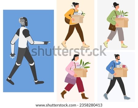 Smart AI robot took workplace, sad fired people hold boxes. Unemployment. Job loss from artificial intelligence technology. Work problem with robot competition in human occupations Vector illustration