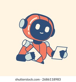 Robô inteligente AI escrevendo e lendo documentos como um funcionário humano. Moderno conceito de inteligência artificial de escritório, símbolo de automação, criatividade e trabalho em equipe digital produtivo. clip-art desenhado à mão