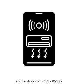 Smart air conditioner black glyph icon. Internet of things, remote ventilation access silhouette symbol on white space. Climate control. AC on smartphone display vector isolated illustration