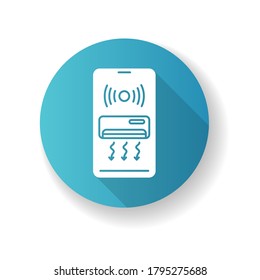 Smart air conditioner blue flat design long shadow glyph icon. Internet of things, remote ventilation access. Climate control. AC on smartphone display Silhouette RGB color illustration