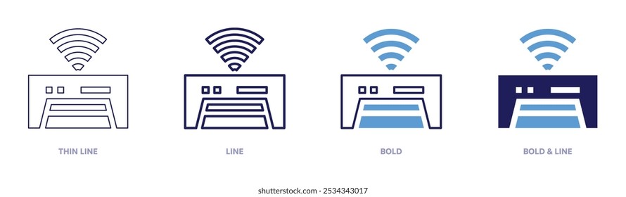 Icono de aire acondicionado inteligente en 4 estilos diferentes. Línea delgada, línea, negrita y línea negrita. Estilo duotono. Trazo editable.