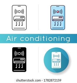 Smart air conditioner icon. Linear black and RGB color styles. Internet of things, remote ventilation access. Climate control. AC on smartphone display Isolated vector illustrations