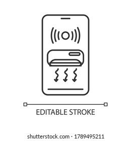 Smart air conditioner linear icon. Remote ventilation access thin line customizable illustration. Contour symbol. AC on smartphone display vector isolated outline drawing. Editable stroke