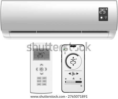 Smart air conditioner with remote control and mobile app interface, modern home climate control system.eps10