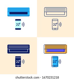 Icono de la unidad de aire acondicionado inteligente en estilos planos y líneas. Aire acondicionado interno con control de smartphone. Ilustración vectorial.