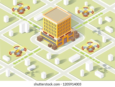 Smart air delivery isometric illustration. Drones with boxes flying from post office. Drone delivery service. Air shipping infographic. Modern technologies. Web, app, banner design. Vector