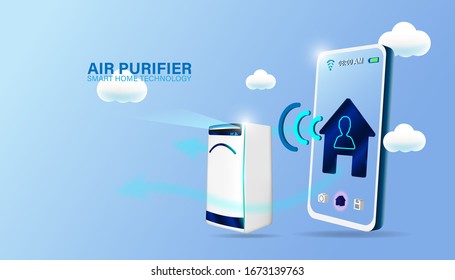 Smart air purifier concept. Smartphone and air filter machine on background. IOT Wireless connection system on smart home or city.