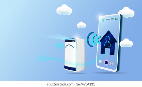 Smart air purifier concept. Smartphone and air filter machine on background. IOT Wireless connection system on smart home or city.