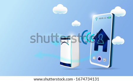 Smart air purifier concept. Smartphone and air filter machine on background. IOT Wireless connection system on smart home or city.