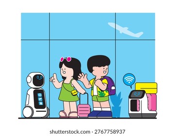 Smart airport technology concept with robotic helpers assisting man and woman travelers