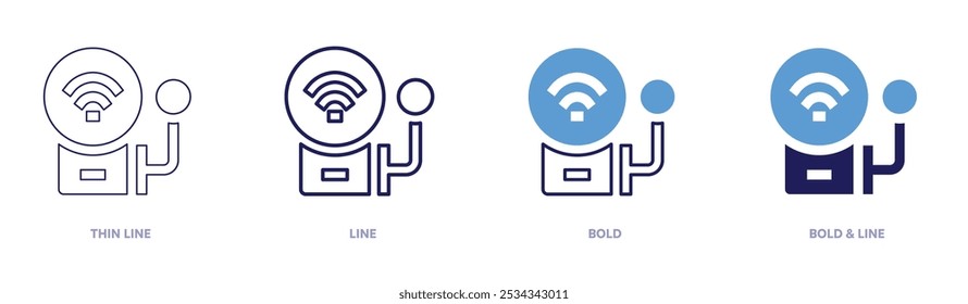 Icono de alarma inteligente en 4 estilos diferentes. Línea delgada, línea, negrita y línea negrita. Estilo duotono. Trazo editable.